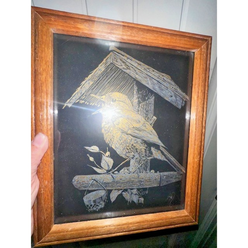 Vintage Framed Gold and Blue Foil Etching Bird on Perch